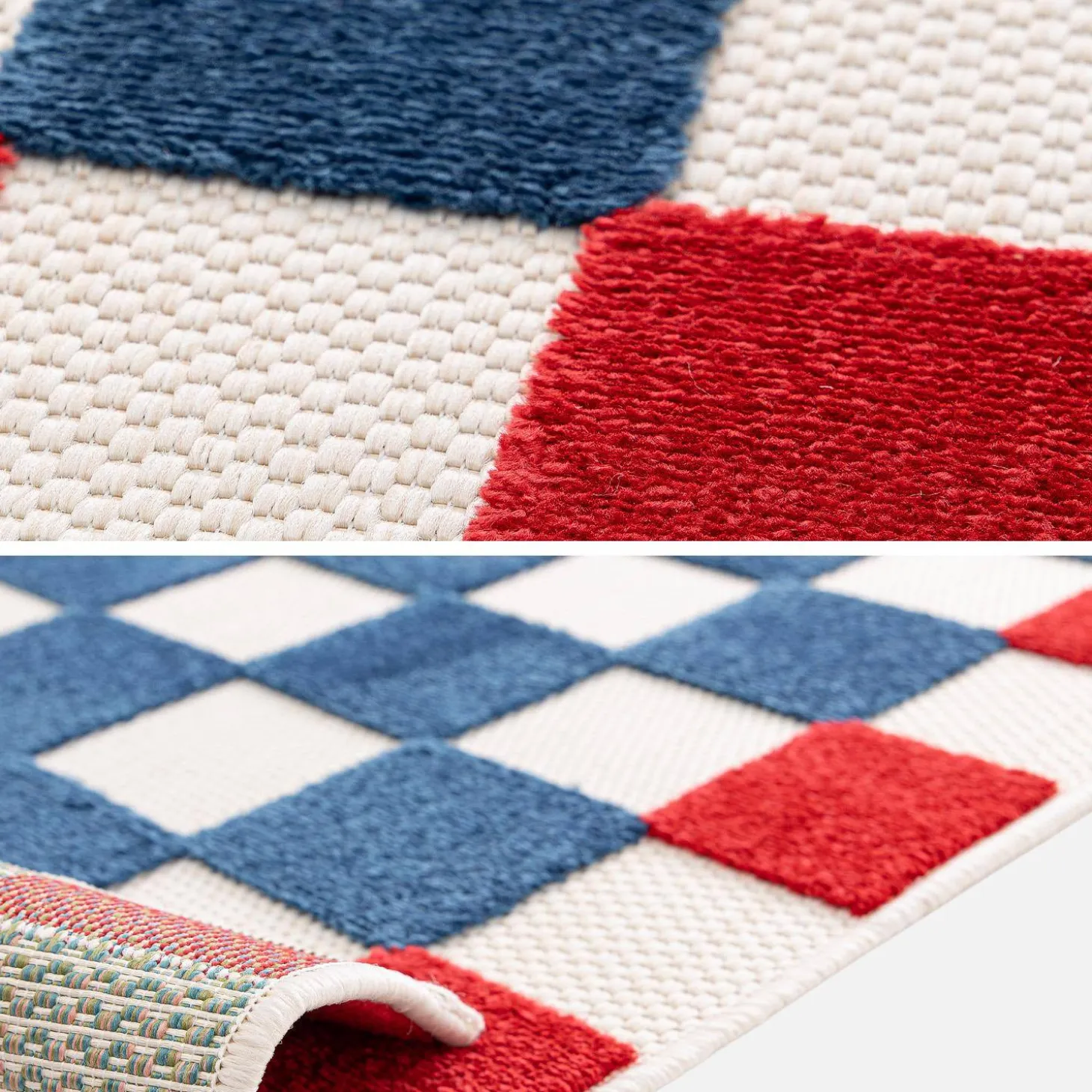 Vloerkleed voor binnen en buiten met rood en blauw dambord patroon
