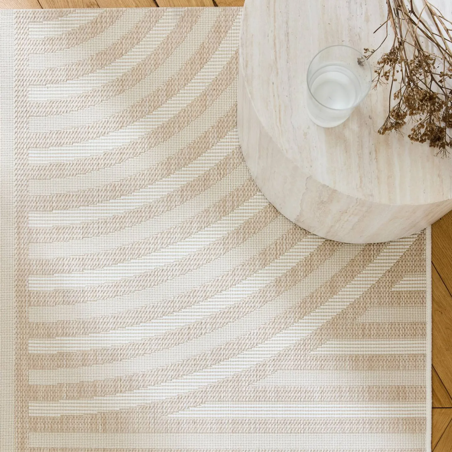 Vloerkleed voor binnen en buiten, beige boogpatroon, 100% gerecycled polyester