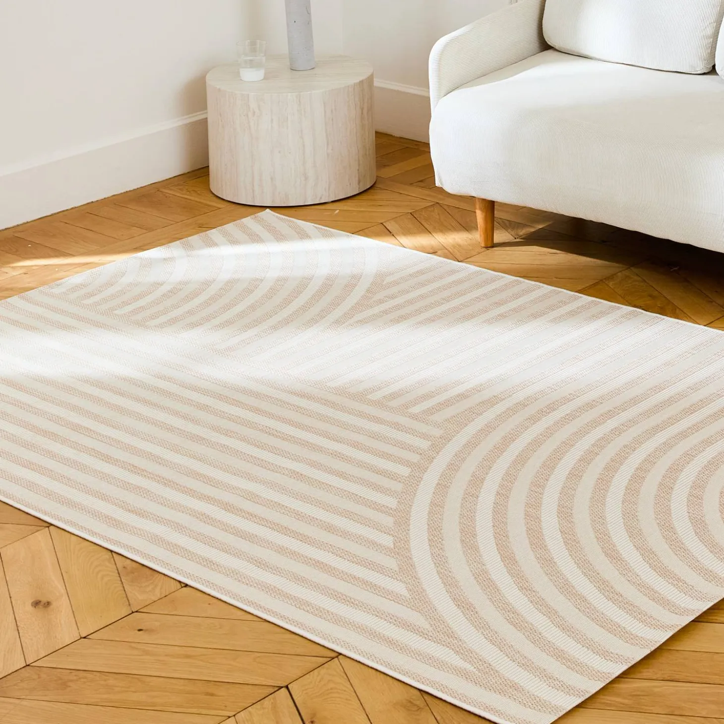 Vloerkleed voor binnen en buiten, beige boogpatroon, 100% gerecycled polyester