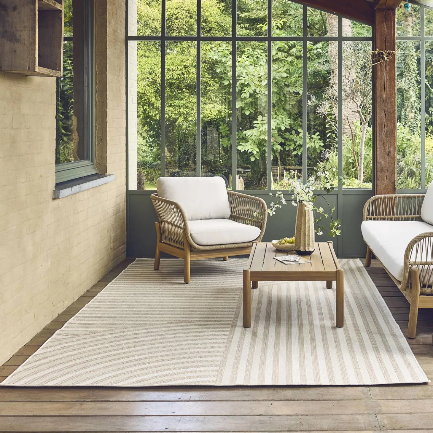 Vloerkleed voor binnen en buiten, beige boogpatroon, 100% gerecycled polyester