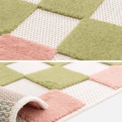 Vloerkleed voor binnen en buiten met roze en groen dambord patroon