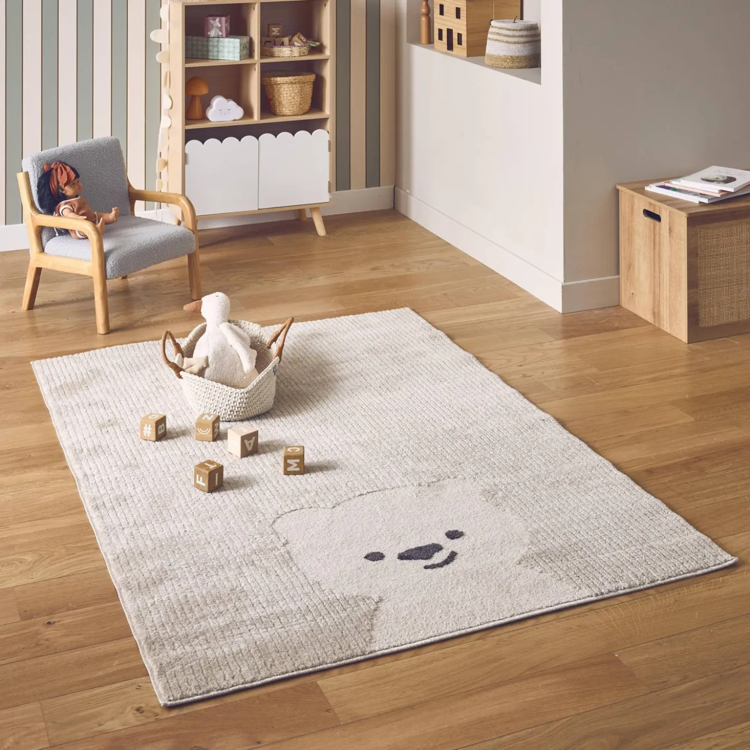 Vloerkleed voor kinderen met kleine teddybeer beige/crème