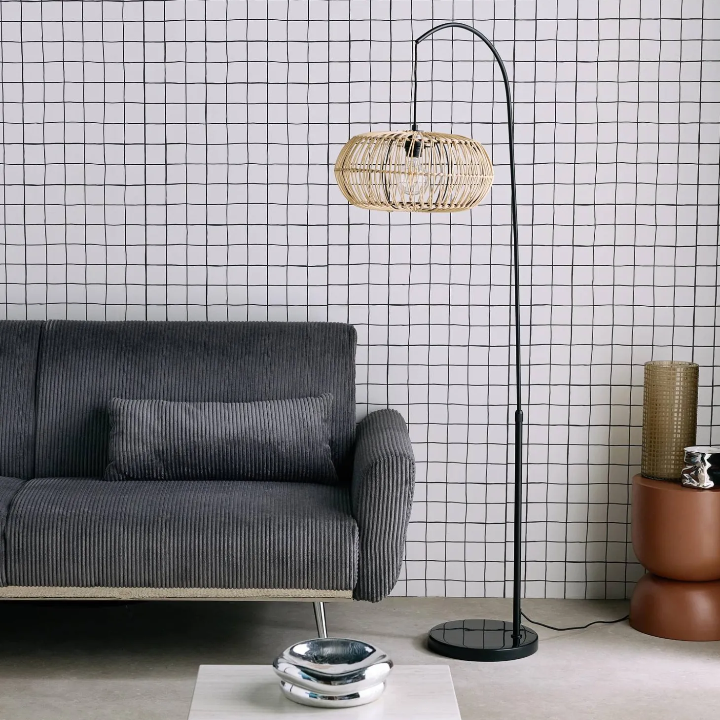 Vloerlamp riet, metaal en steen marmereffect