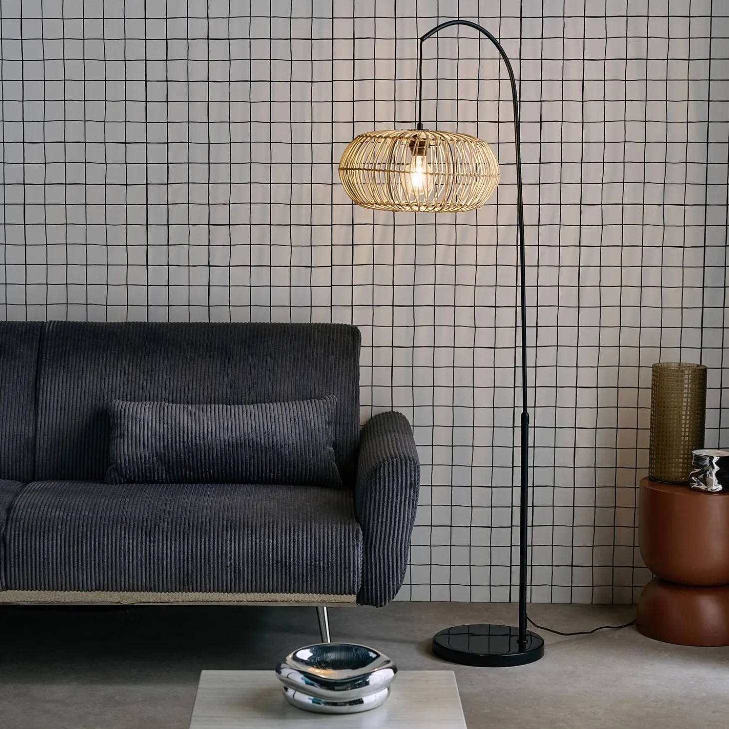 Vloerlamp riet, metaal en steen marmereffect