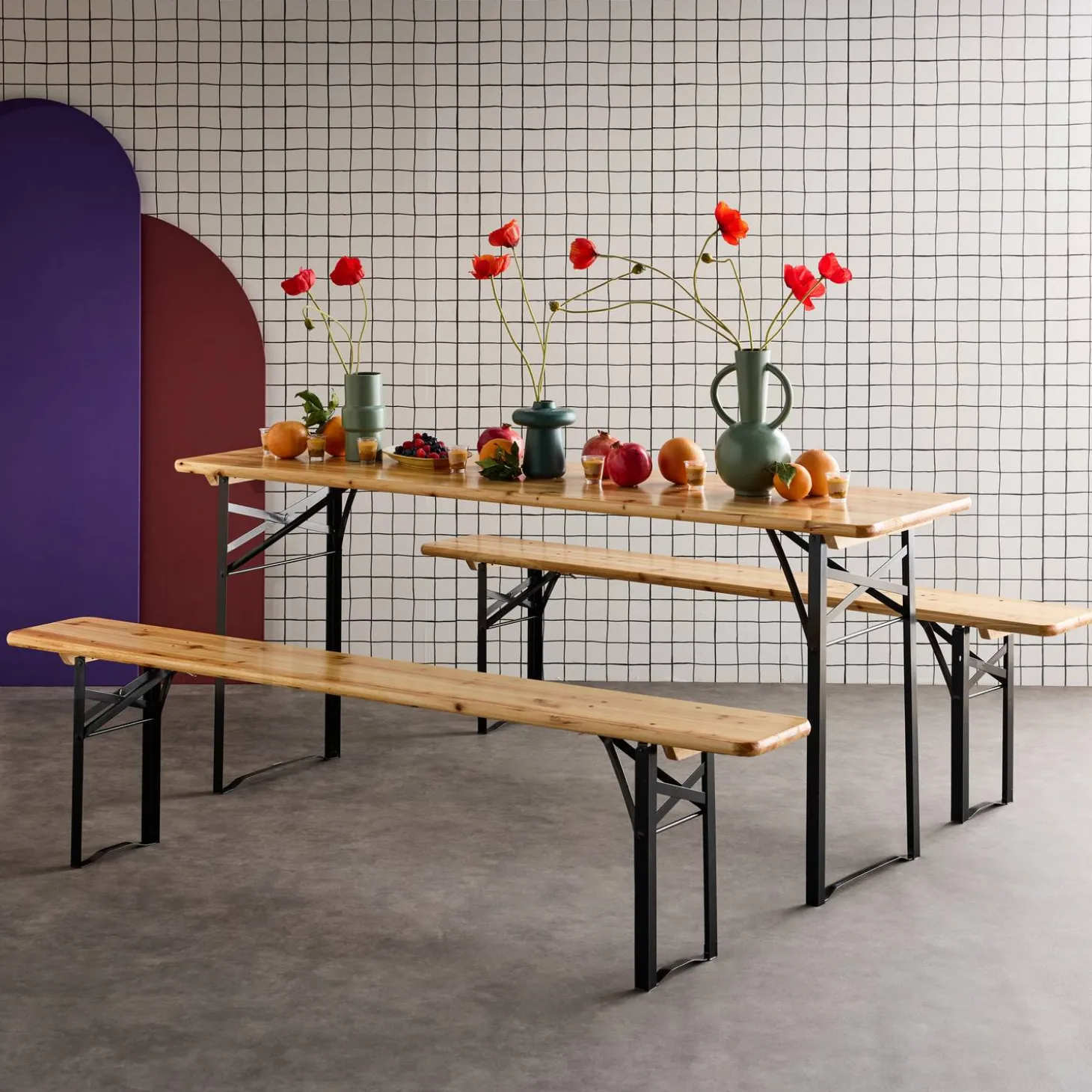 Vouwbare tafel van dennenhout met 2 banken (set van 2)