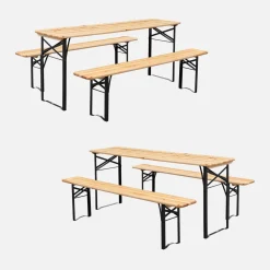 Vouwbare tafel van dennenhout met 2 banken (set van 2)
