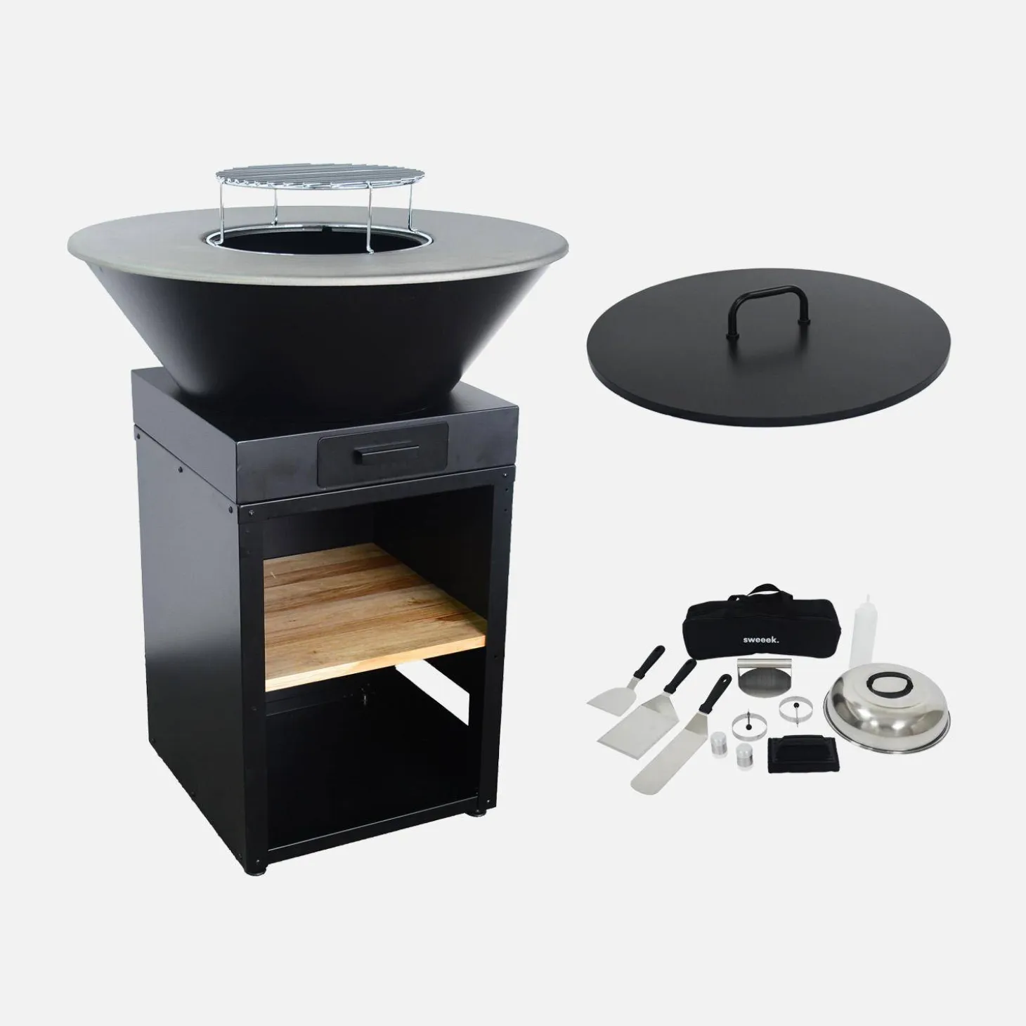 Vuurkorf barbecue Ø81,5cm met grillrooster, opbergruimte, deksel en gereedschap