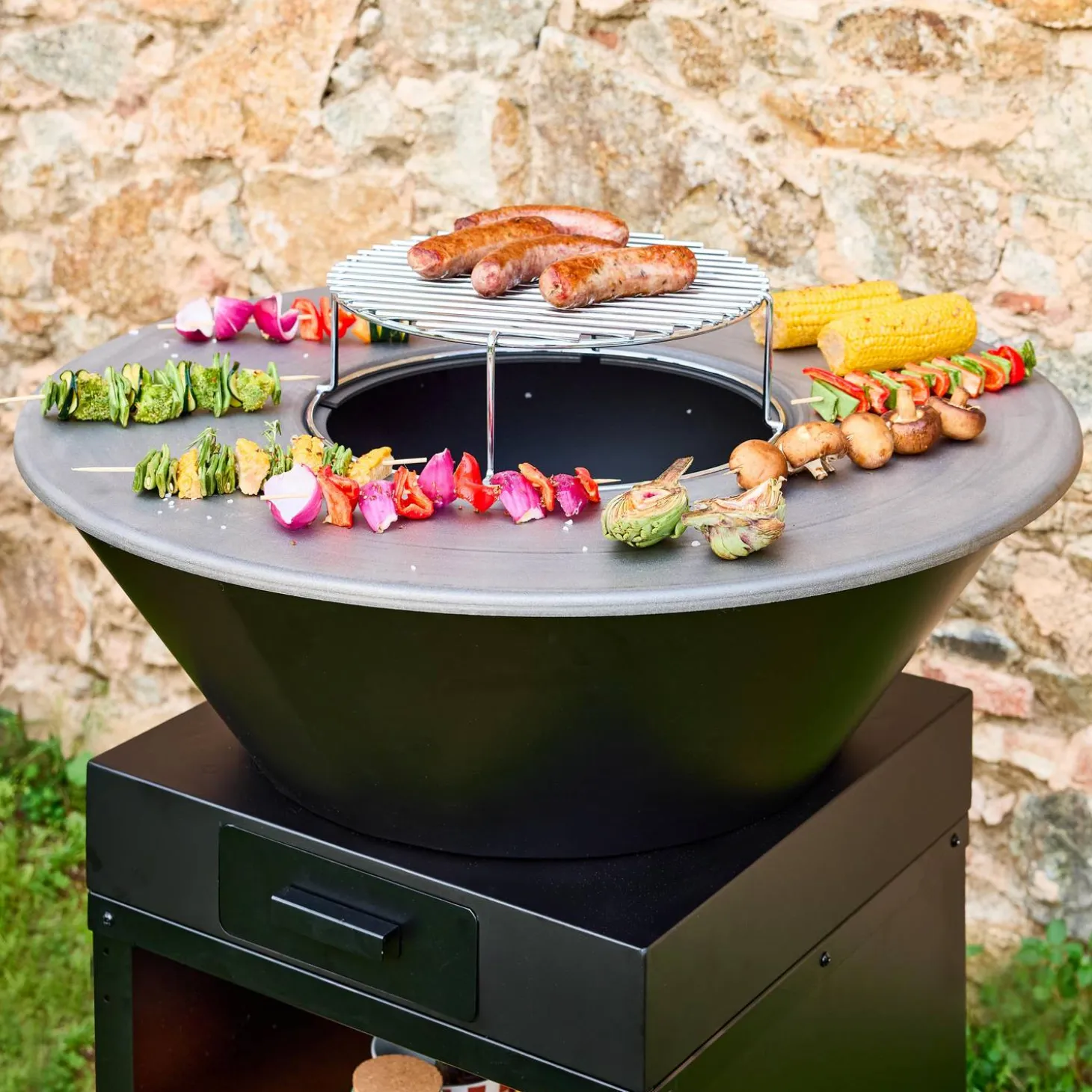 Vuurkorf barbecue Ø81,5cm met grillrooster opbergruimte en deksel