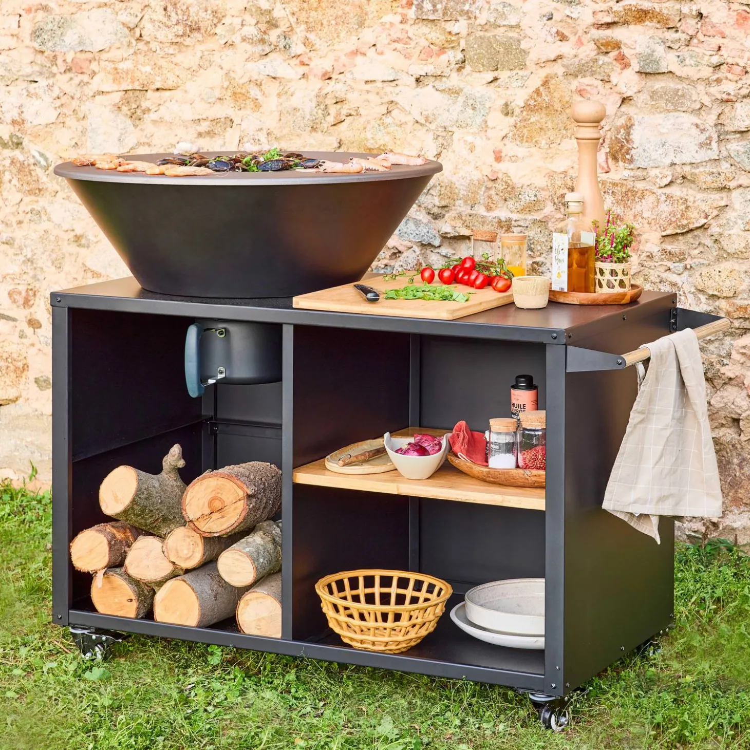 Vuurschaal Ø80cm, grillrooster, houtopslag + beschermhoes