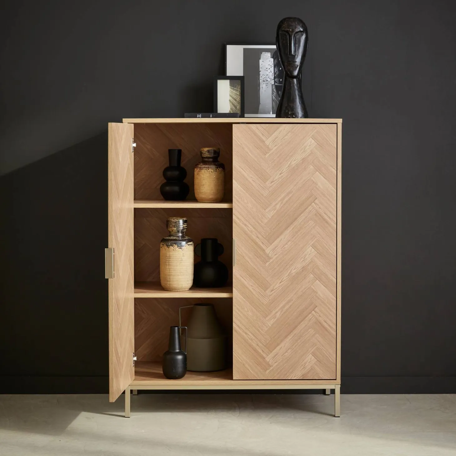Wandkast 2 deuren houtdecor visgraatmotief 80cm