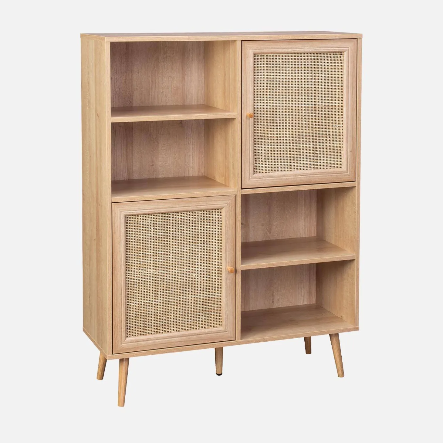 Wandkast met 2 deuren 4 open vakken houtdecor en rotan 90cm