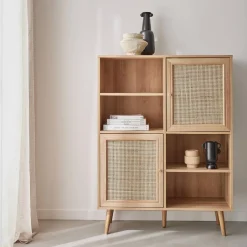 Wandkast met 2 deuren 4 open vakken houtdecor en rotan 90cm