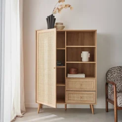 Wandkast met 1 deur 2 lades 3 open vakken houtdecor en rotan 101,5cm