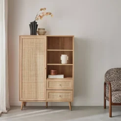 Wandkast met 1 deur 2 lades 3 open vakken houtdecor en rotan 101,5cm