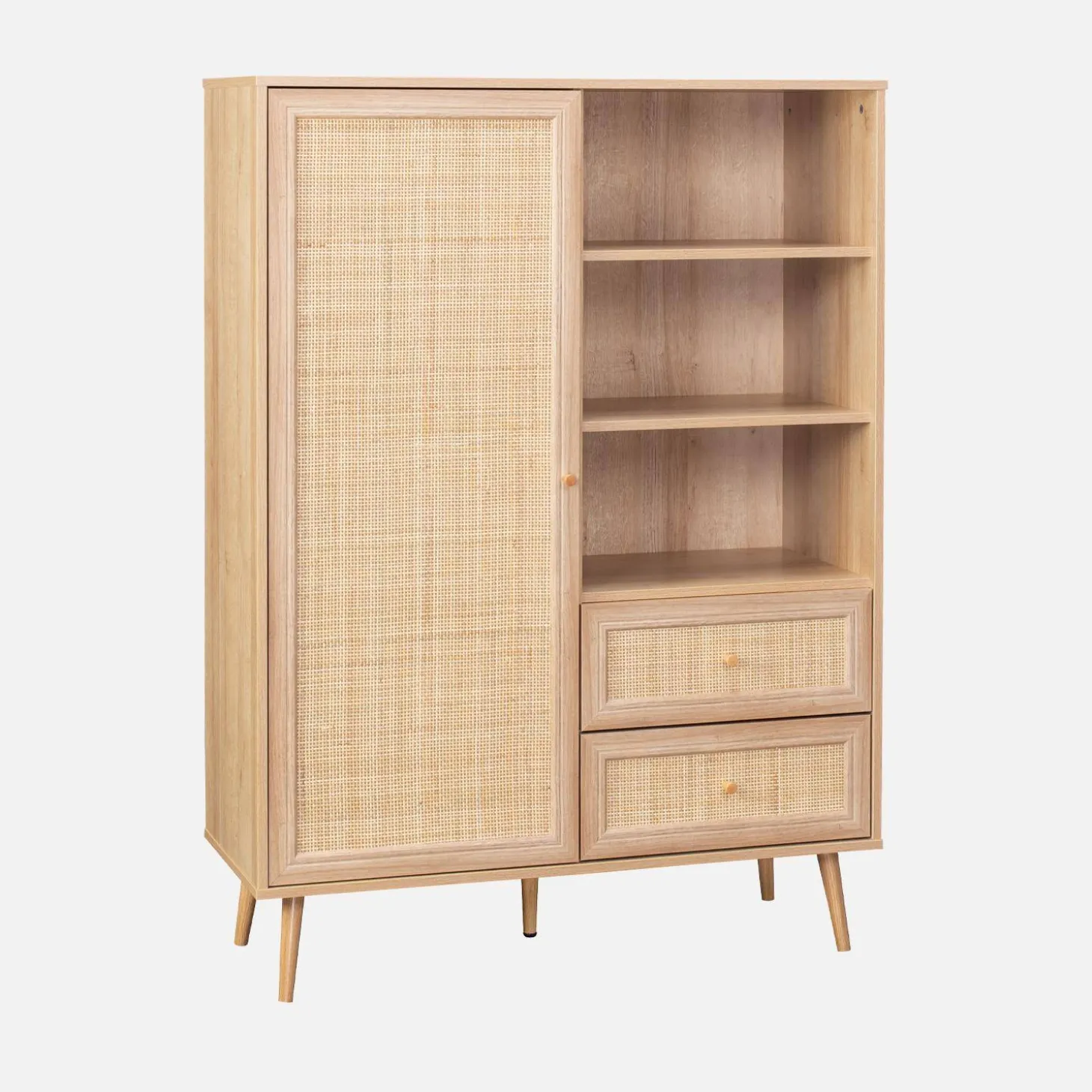Wandkast met 1 deur 2 lades 3 open vakken houtdecor en rotan 101,5cm