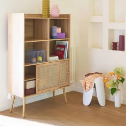Wandkast met 2 schuifdeuren 4 vakken houtdecor en rotan 100cm