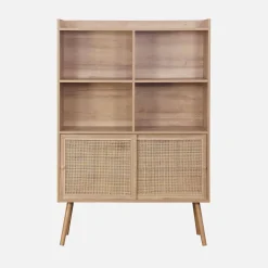 Wandkast met 2 schuifdeuren 4 vakken houtdecor en rotan 100cm