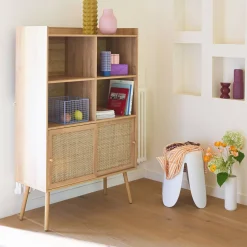 Wandkast met 2 schuifdeuren 4 vakken houtdecor en rotan 100cm