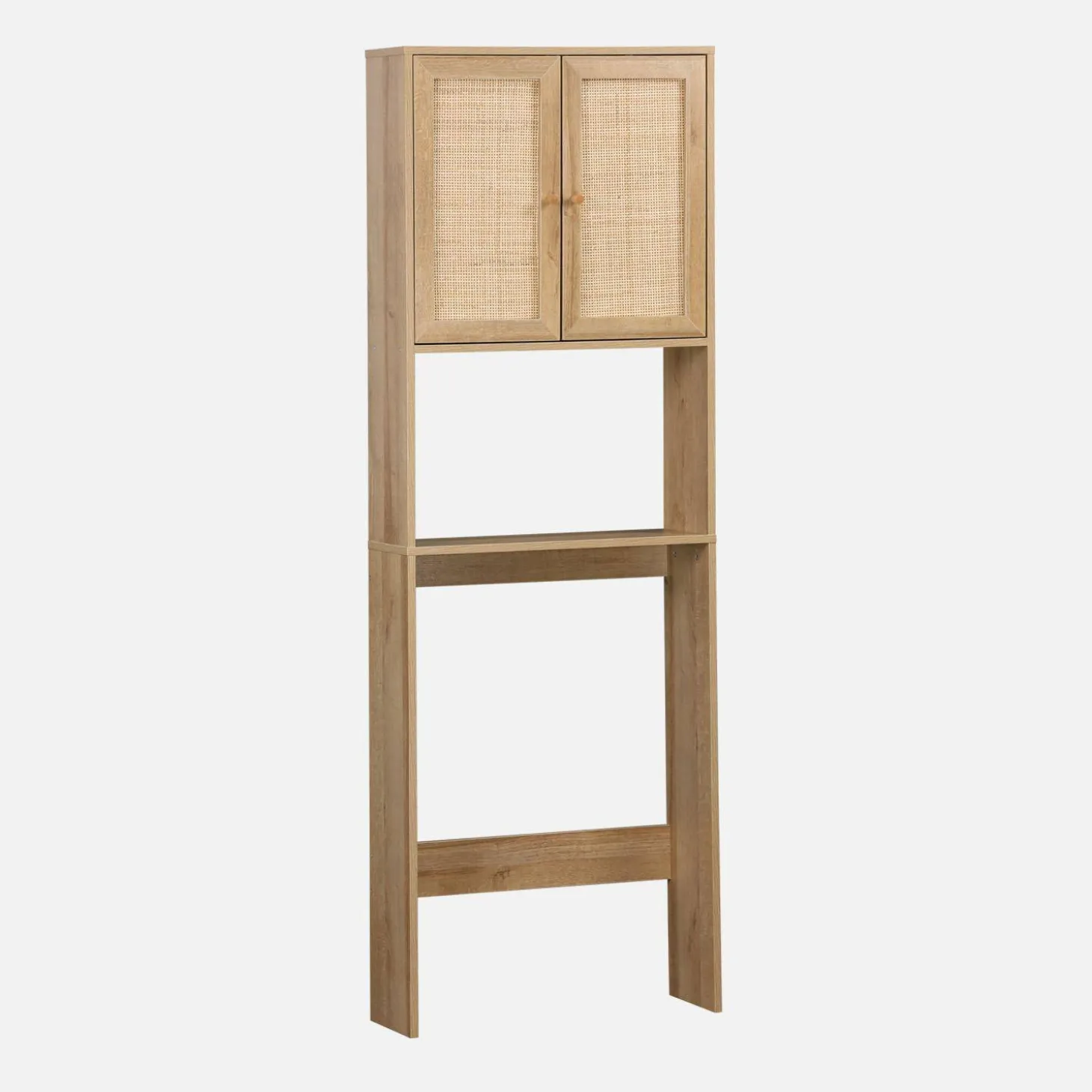 Wc meubelrek met houten en rotan decoratie