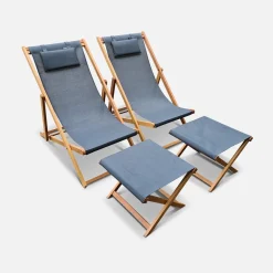 2x houten strandstoelen met voetenbank