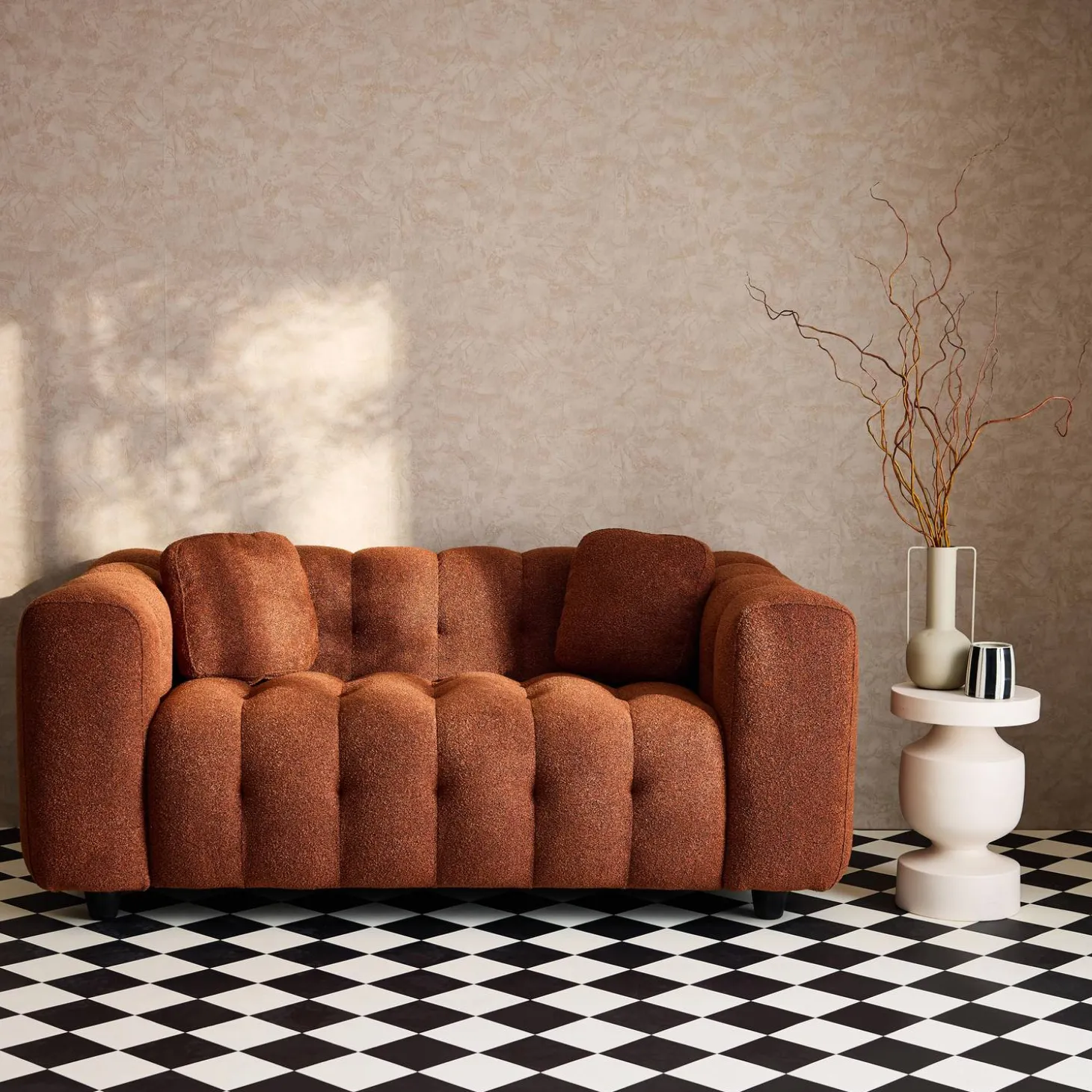 2-zitsbank, bekleed met bouclé textuur