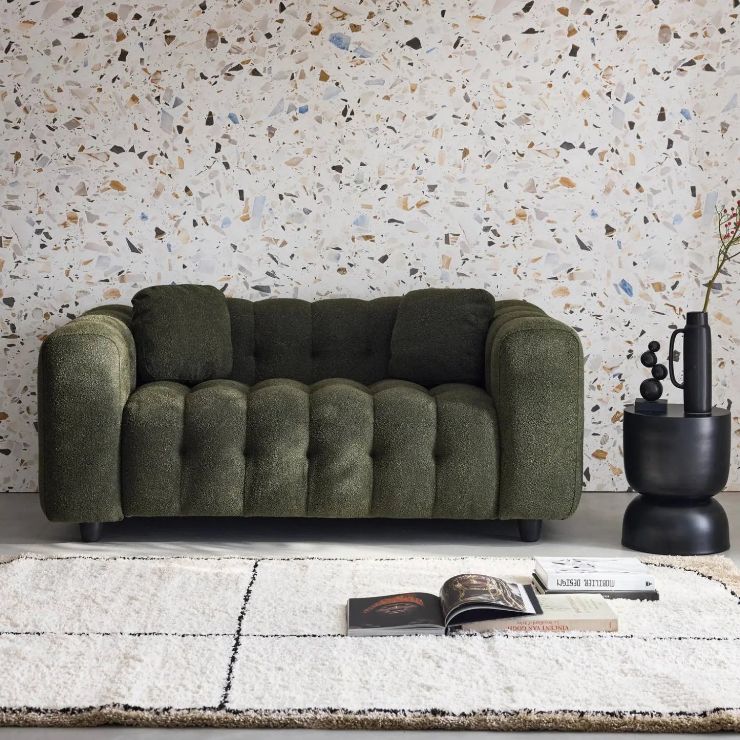 2-zitsbank, bekleed met bouclé textuur