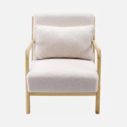 2-zitsbank en fauteuil van naturelkleurig hout en bouclé