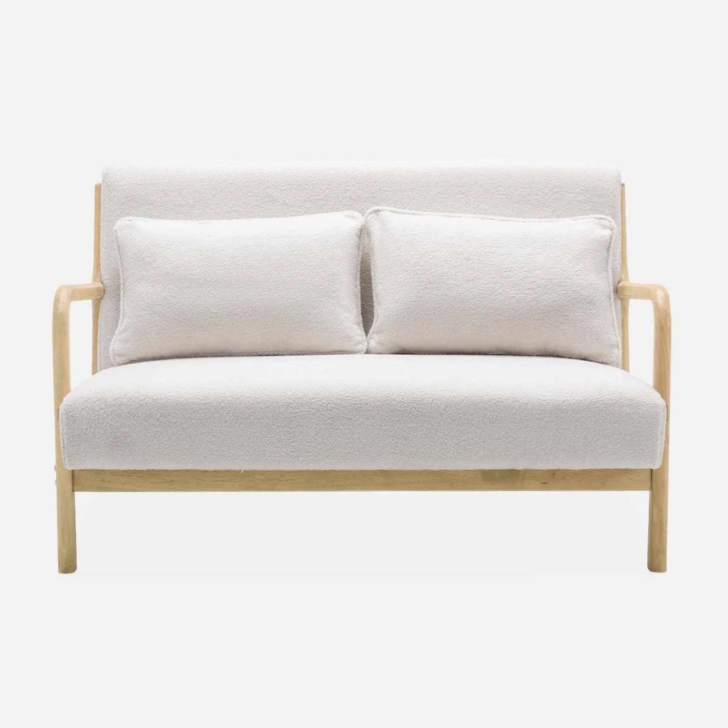 2-zitsbank en fauteuil van naturelkleurig hout en bouclé