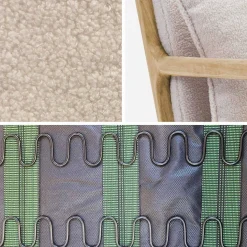 2-zitsbank en fauteuil van naturelkleurig hout en bouclé