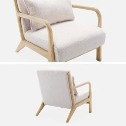 2-zitsbank en fauteuil van naturelkleurig hout en bouclé