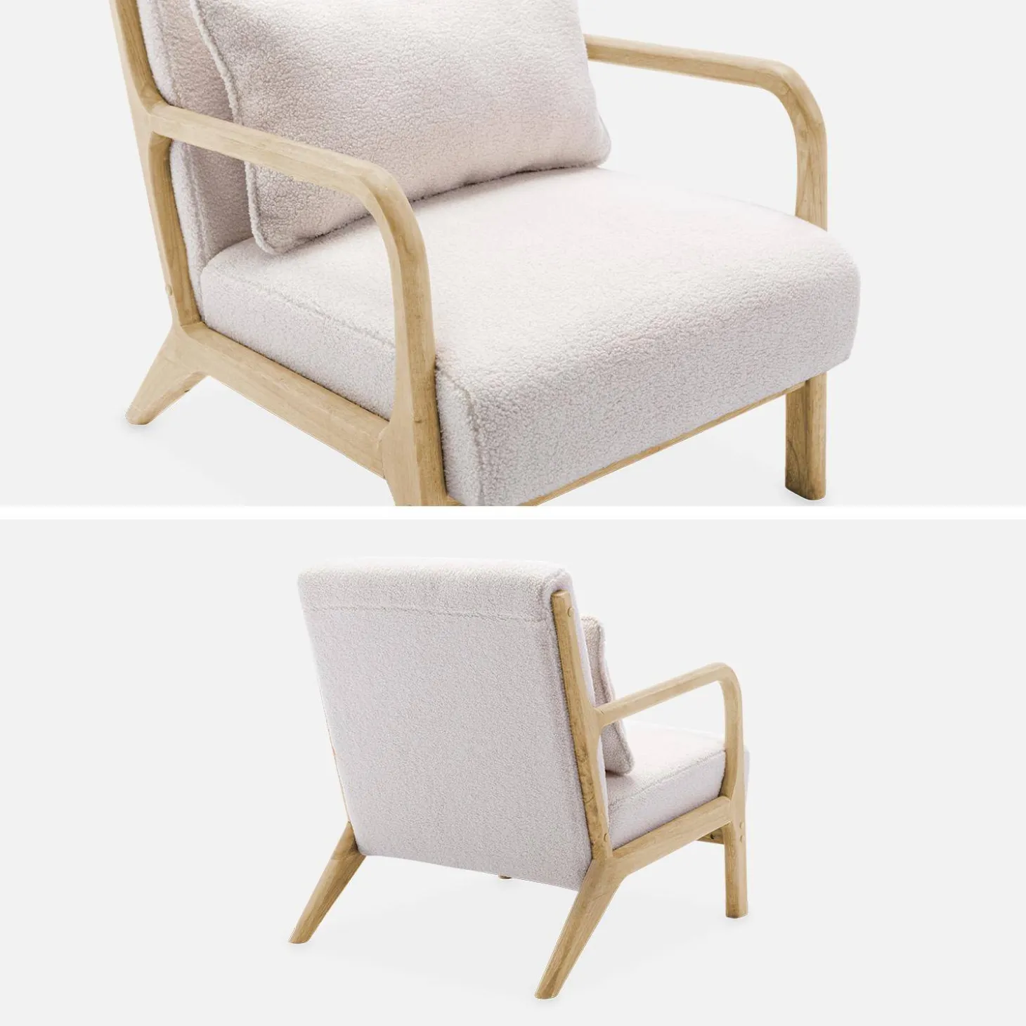 2-zitsbank en fauteuil van naturelkleurig hout en bouclé