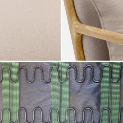 2-zitsbank en fauteuil van naturelkleurig hout en stof
