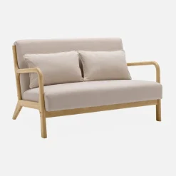 2-zitsbank en fauteuil van naturelkleurig hout en stof