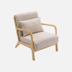 2-zitsbank en fauteuil van naturelkleurig hout en stof