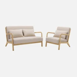 2-zitsbank en fauteuil van naturelkleurig hout en stof