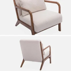 2-zitsbank en fauteuil van walnootkleurig hout en bouclé
