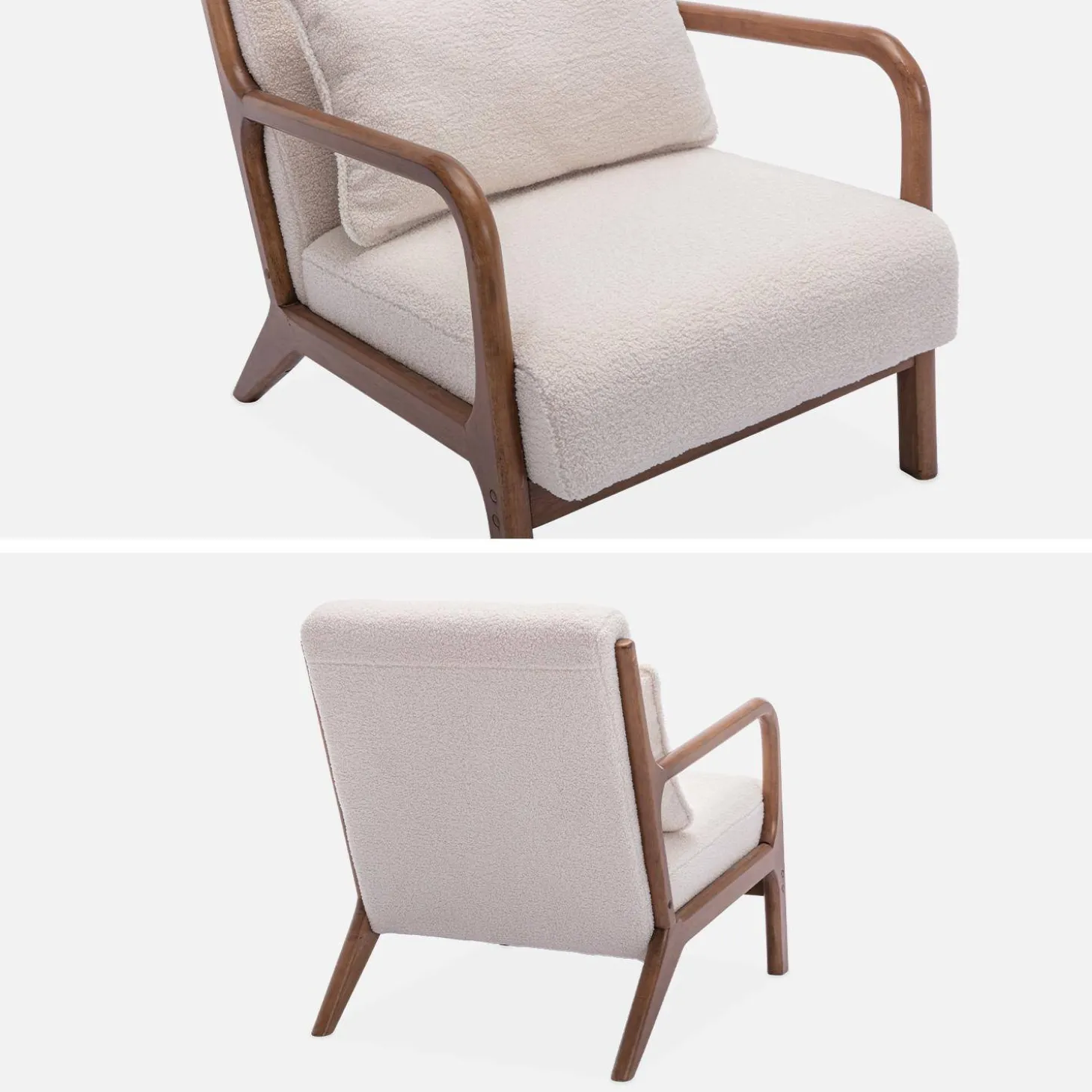2-zitsbank en fauteuil van walnootkleurig hout en bouclé