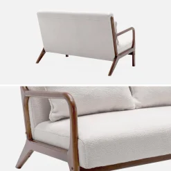 2-zitsbank en fauteuil van walnootkleurig hout en bouclé