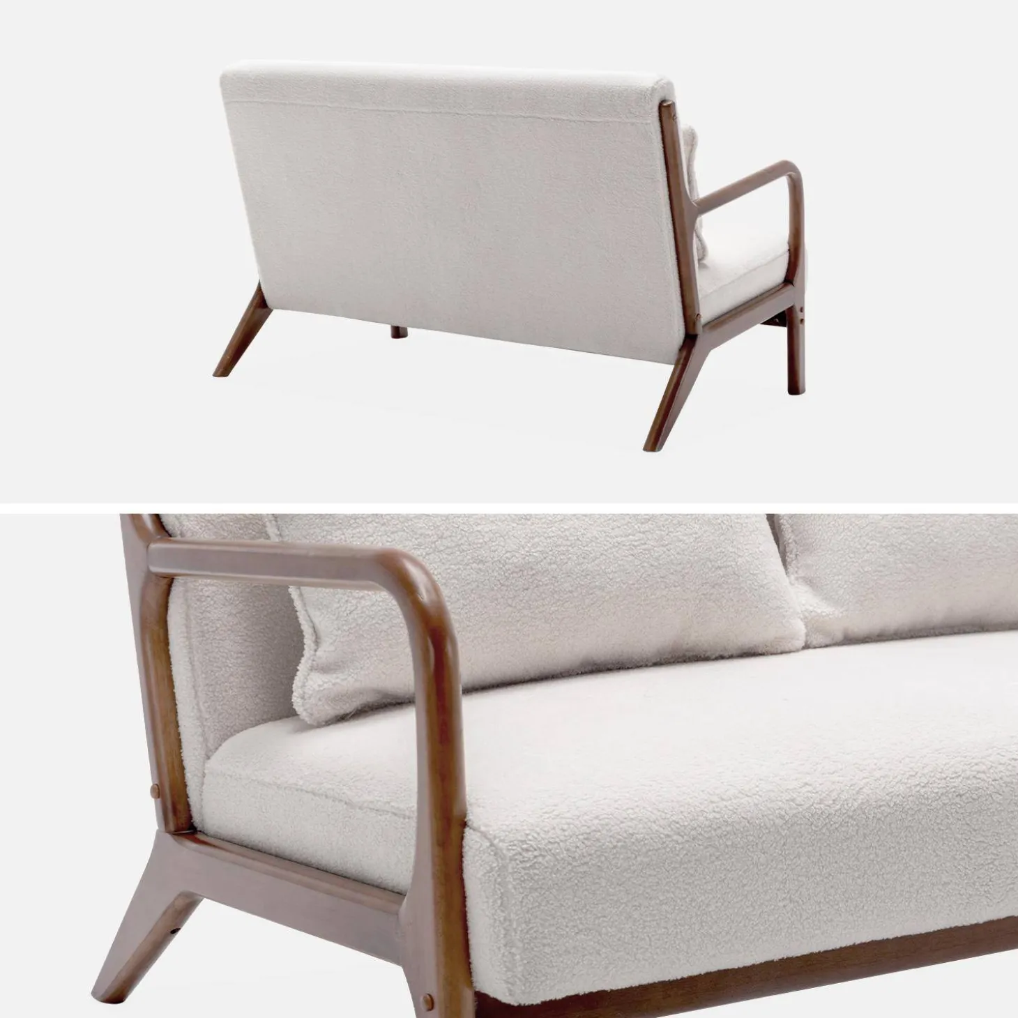 2-zitsbank en fauteuil van walnootkleurig hout en bouclé