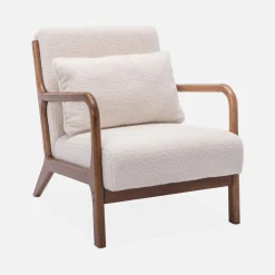 2-zitsbank en fauteuil van walnootkleurig hout en bouclé