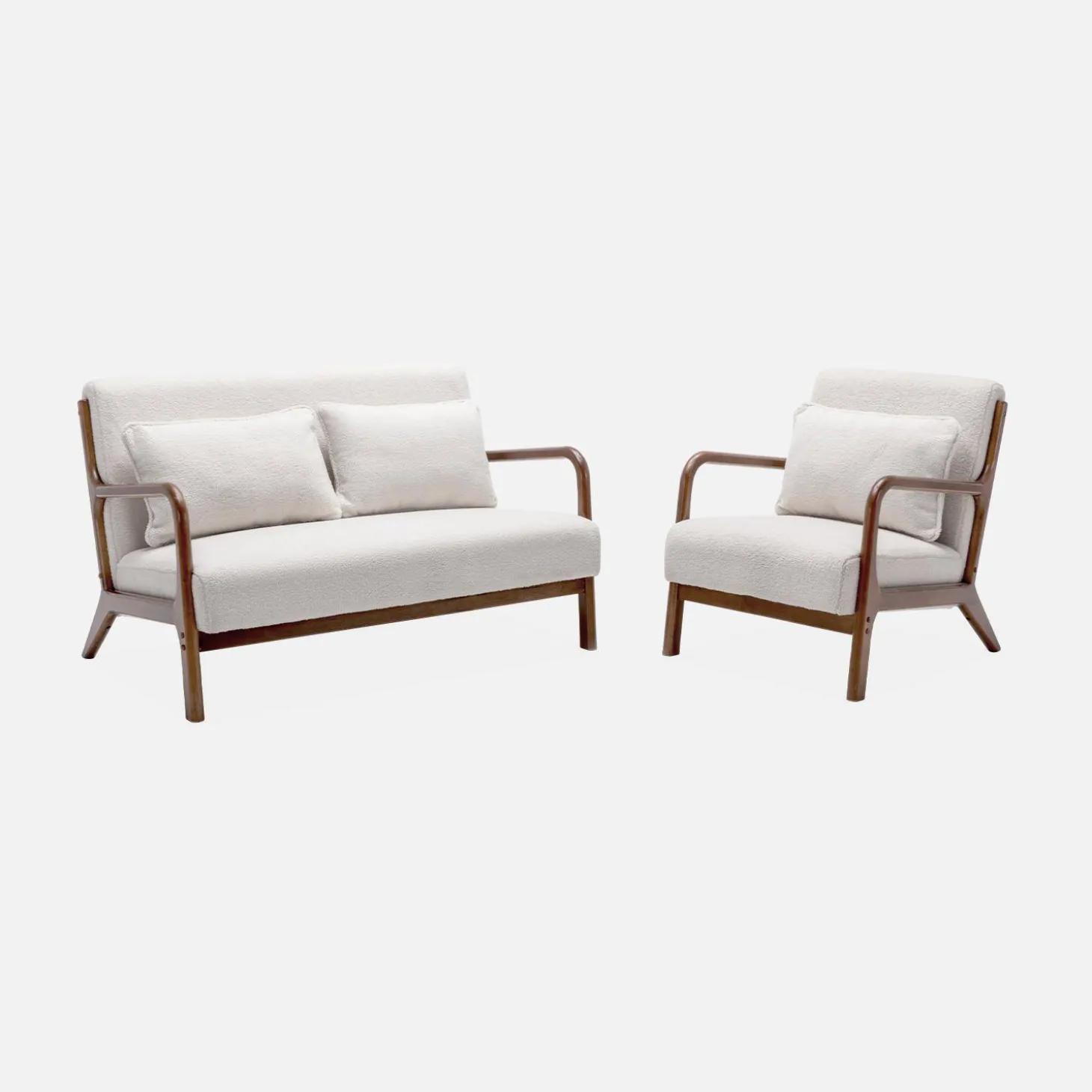 2-zitsbank en fauteuil van walnootkleurig hout en bouclé