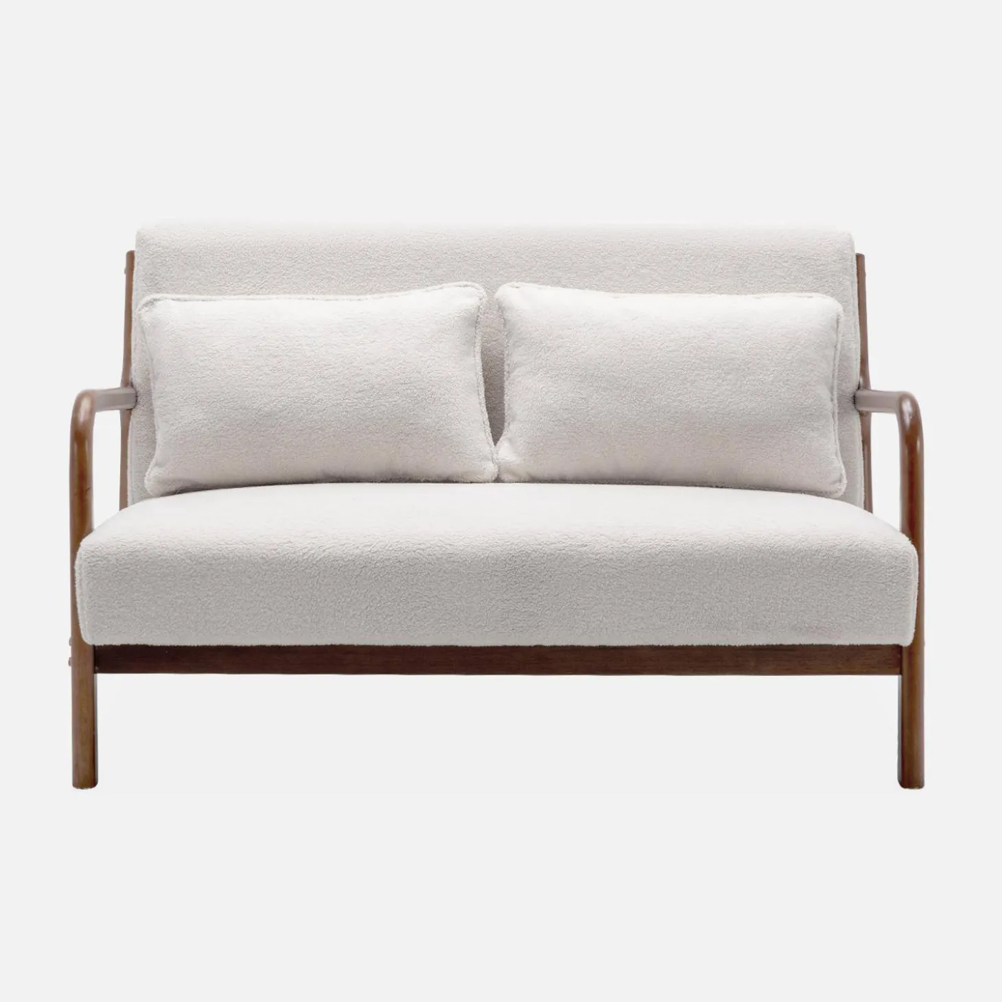 2-zitsbank en fauteuil van walnootkleurig hout en bouclé
