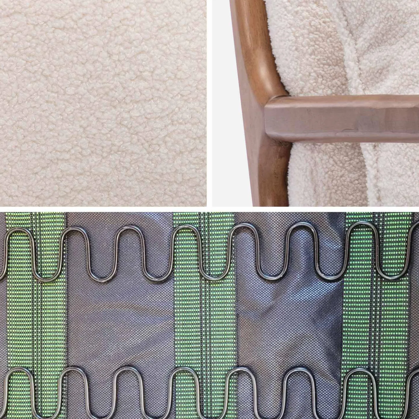 2-zitsbank en fauteuil van walnootkleurig hout en bouclé