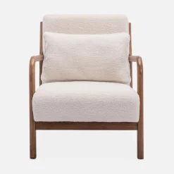 2-zitsbank en fauteuil van walnootkleurig hout en bouclé