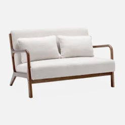 2-zitsbank en fauteuil van walnootkleurig hout en bouclé