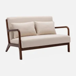 2-zitsbank en fauteuil van walnootkleurig hout en stof