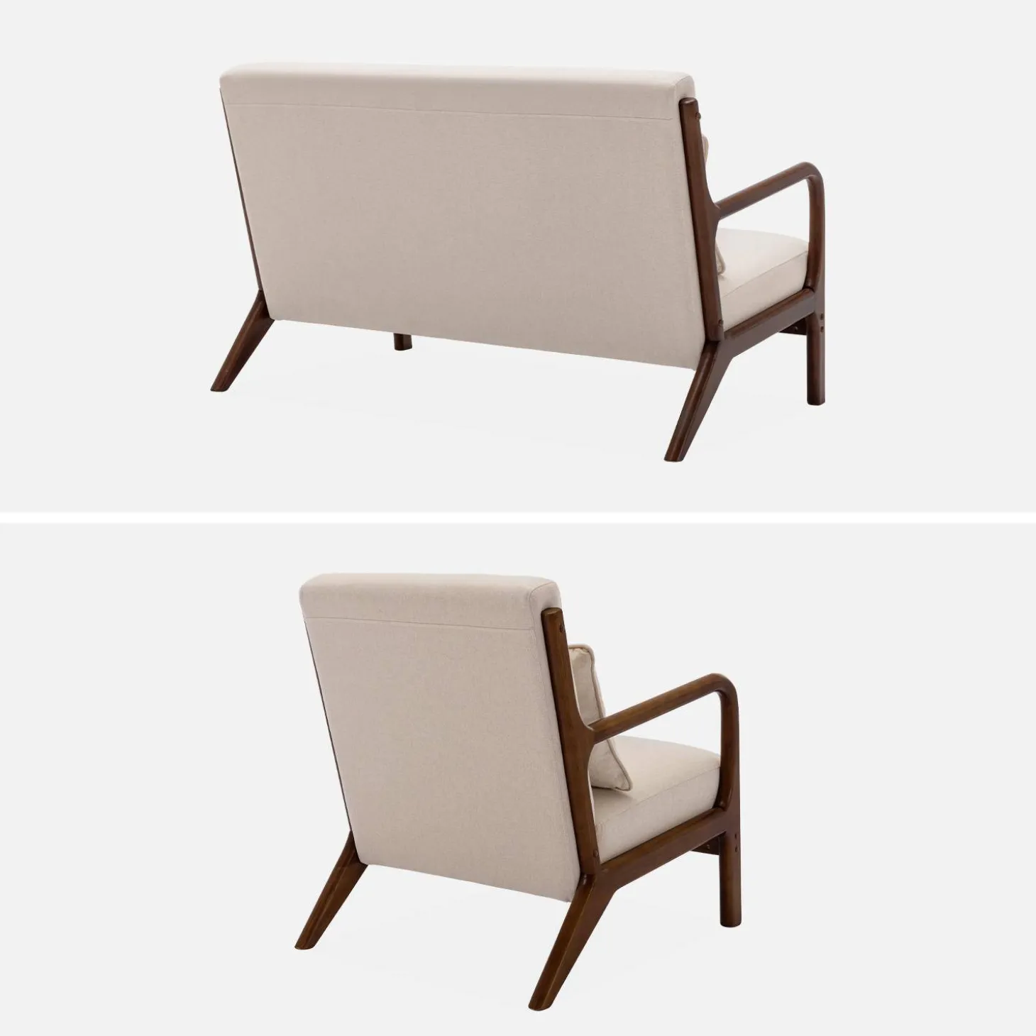 2-zitsbank en fauteuil van walnootkleurig hout en stof