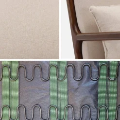 2-zitsbank en fauteuil van walnootkleurig hout en stof