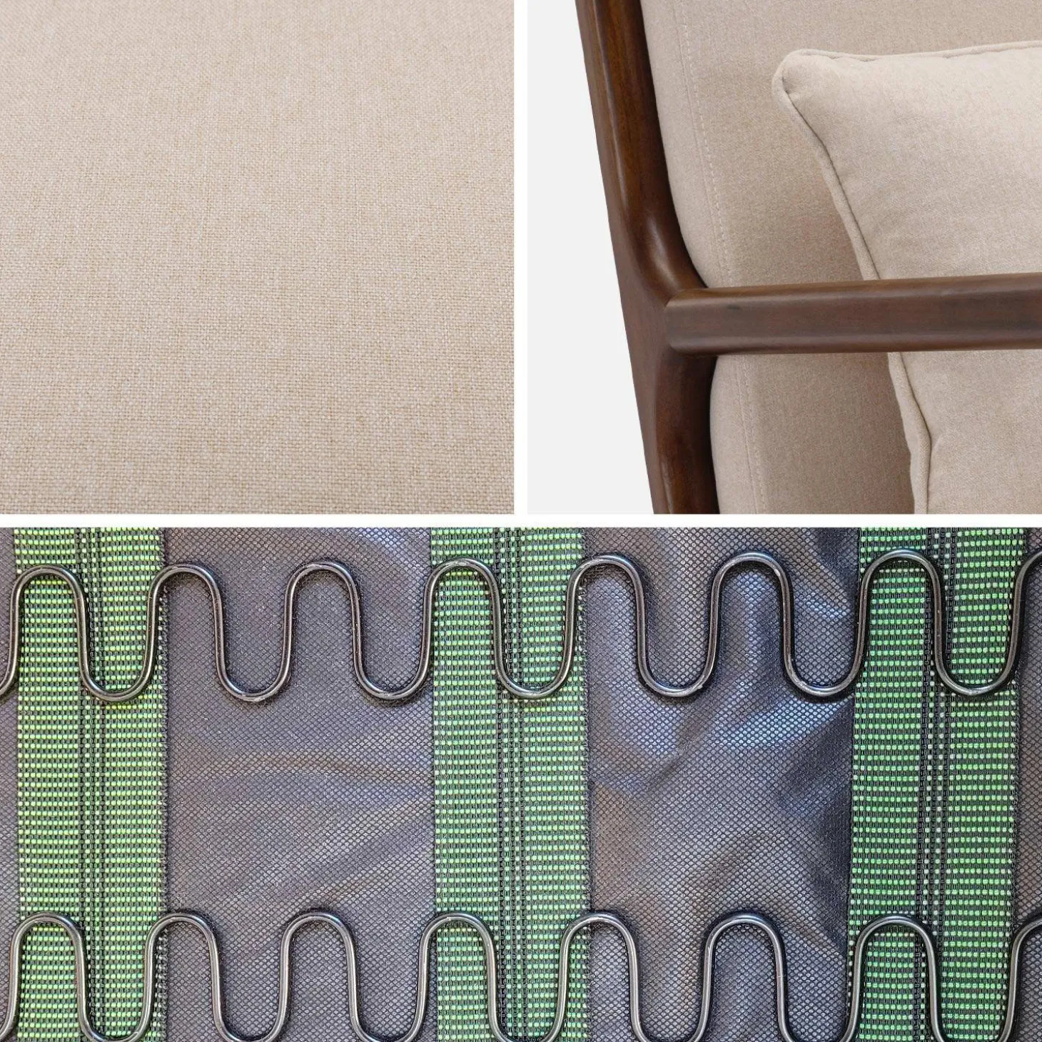 2-zitsbank en fauteuil van walnootkleurig hout en stof